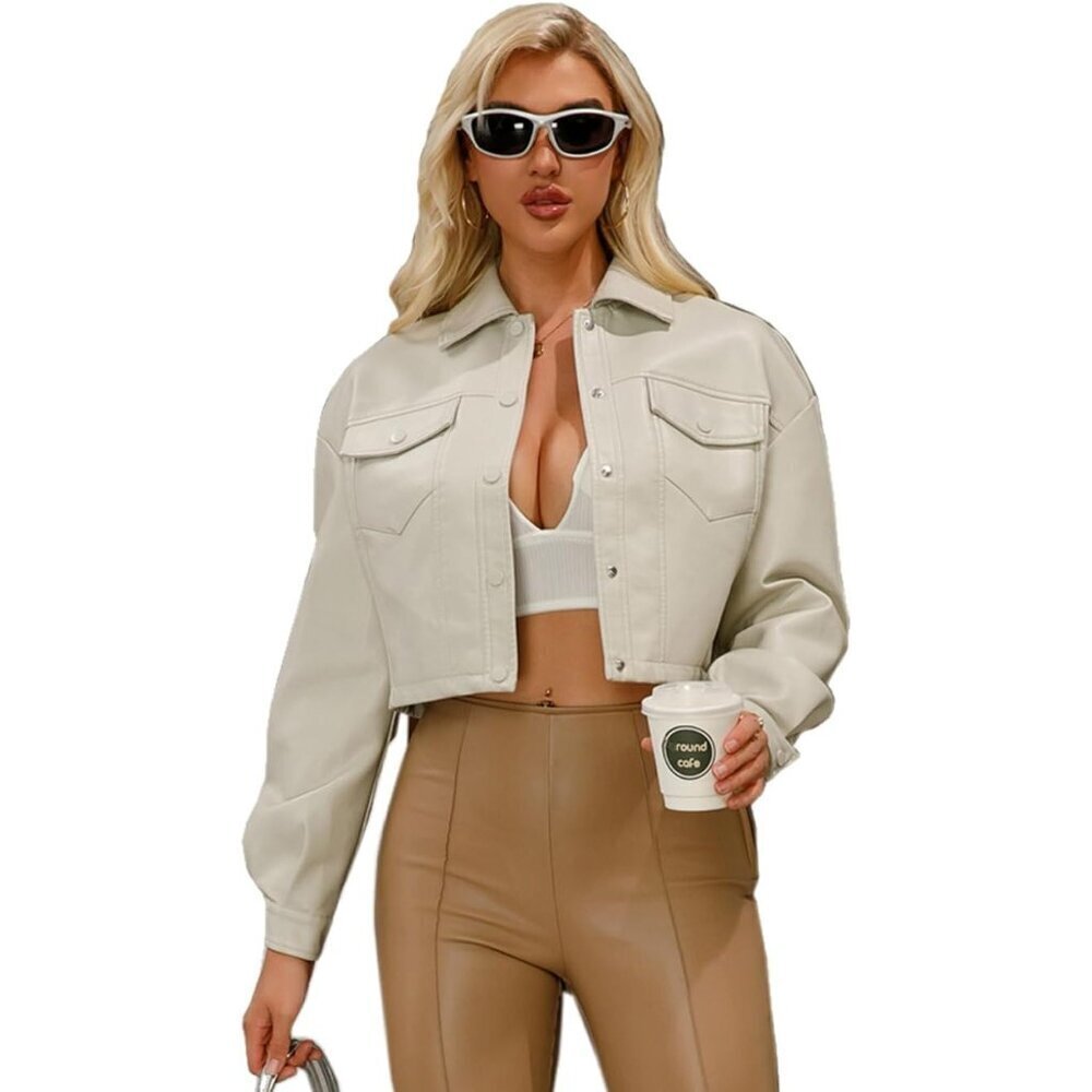 🆕Women Beige Cropped Moto Biker Short Comfortable Faux Leather Fashion Jacket